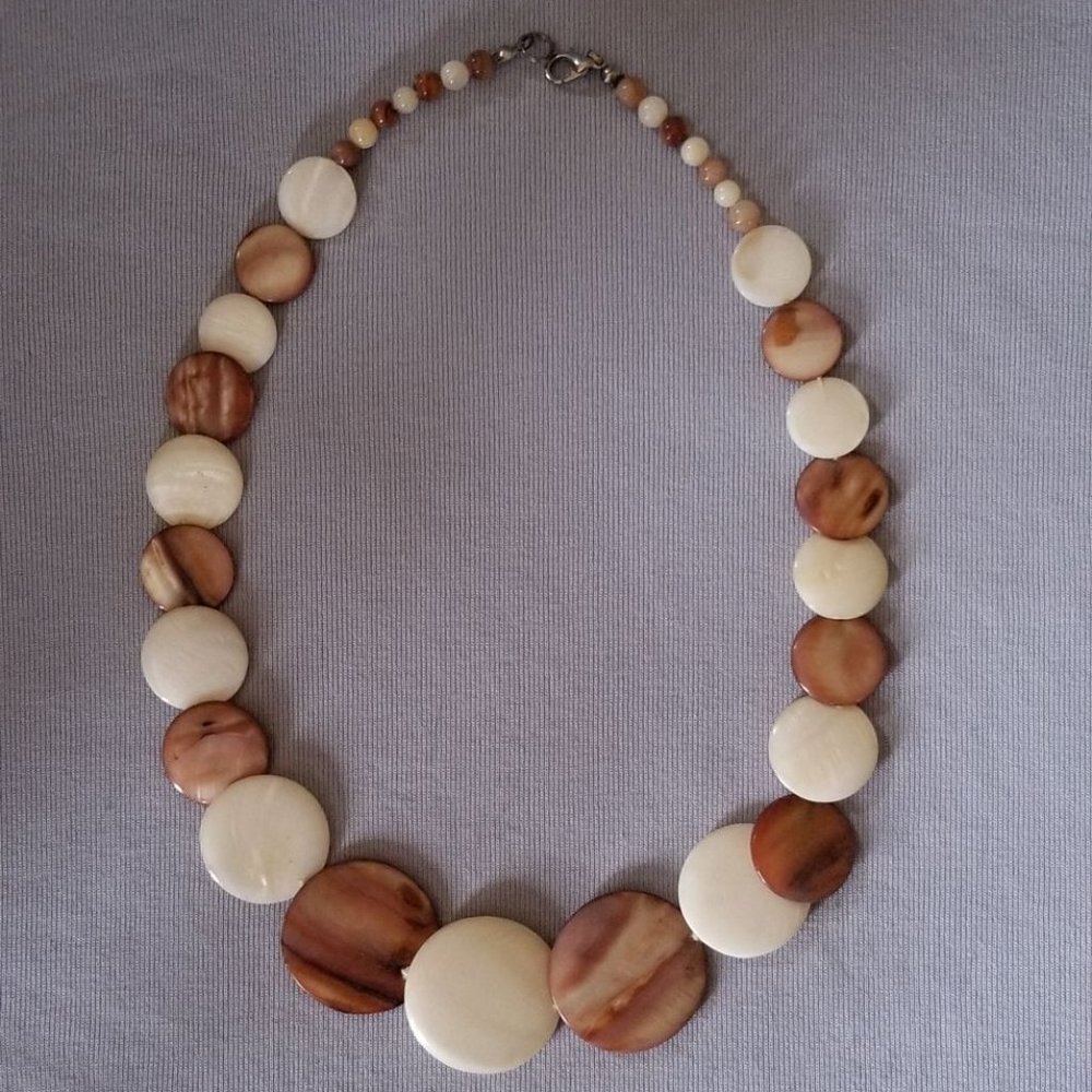 Mother of pearl necklace cream/white, brown shades, overlapping beads, handmade